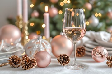 Wall Mural - A table setting with an elegant Christmas theme, featuring gold candlesticks and pine cones, set against the backdrop of a decorated tree.