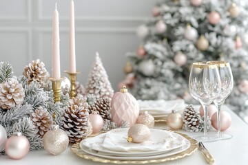 Wall Mural - A table setting with an elegant Christmas theme, featuring gold candlesticks and pine cones, set against the backdrop of a decorated tree.