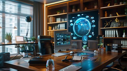 Poster - Modern office with futuristic vibe featuring desk with computer and globe screen displaying connected data for showcasing innovation technology and business success concept.