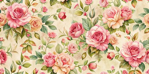  Detailed vintage floral pattern with pink roses, seamless watercolor motif, elegant and abstract background, vintage
