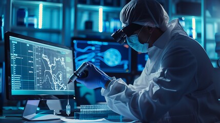 Poster - Scientist in a lab coat and protective gear is working in a lab, analyzing data on a computer screen. The lab is lit with blue lights, creating a futuristic and high-tech atmosphere.