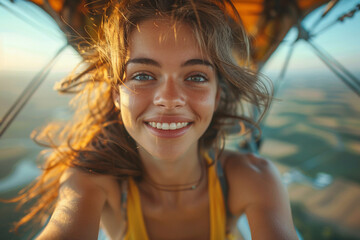 On a sunny summer morning, a happy young lady with a wide-angle view of world ahead, is eagerly preparing to take flight, her excitement palpable as she anticipates panoramic view of landscape below 