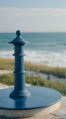 a blue object on a table near the ocean