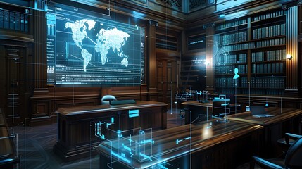 Poster - modern control room with a futuristic screen displaying a world map, showing digital data, network and information.