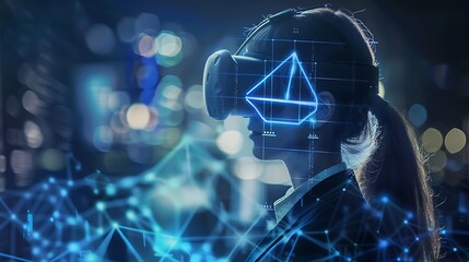 Poster - woman wearing a vr headset with a digital overlay of a sailboat and a network of data points. she is