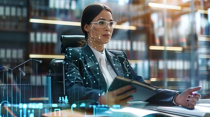 Poster - Businesswoman sits at her desk, working with a digital interface overlay shows lines of code and charts, representing connection to the digital world. Her focused expression smart attire professional.
