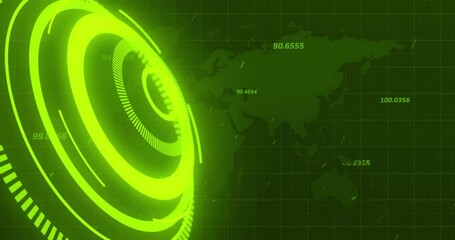 Poster - Rotating green digital rings and numerical data animation over world map background