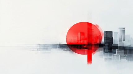 Abstract cityscape with Japanese flag overlay. Modern architecture with red sun symbolizing Japan's culture and innovation.