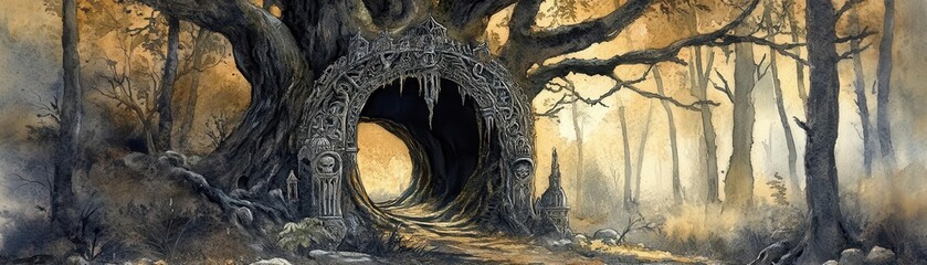 An enchanting forest scene featuring a mystical tree with a hollow, surrounded by ethereal light and ancient foliage.