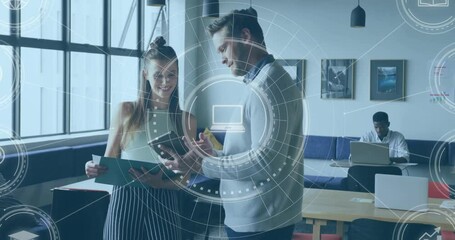 Aufkleber - Digital interface animation over business people discussing work in modern office