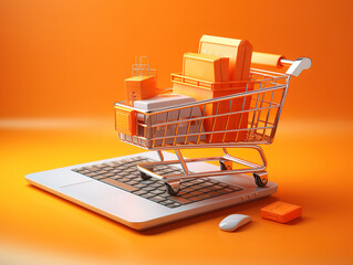 Cartoon shopping cart with shopping theme 3d rendering Digital drawing.