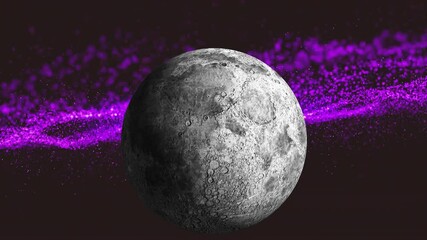 Poster - Moon with craters and purple particles animation over dark background