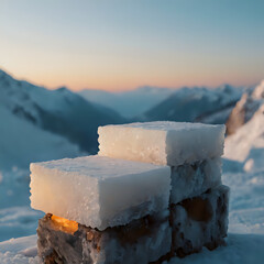 a two pieces of ice sitting on top of a pile of snow