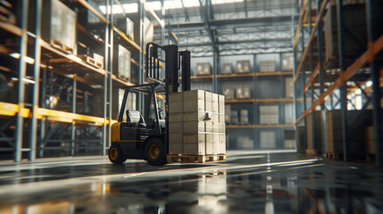 forklift truck with boxes on pallet in warehouse