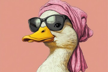 Portrait of stylish duck wearing sunglasses and pink scarf posing