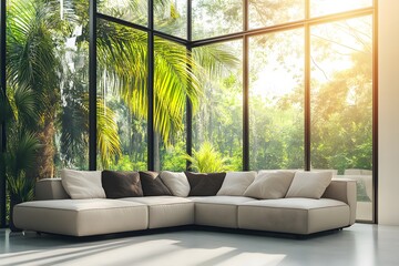 Wall Mural - sofa in a room with large windows , palm tree.