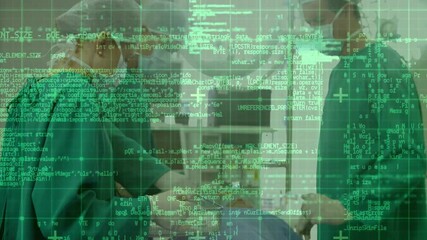 Poster - Surgeons performing operation over medical data processing animation with green grid