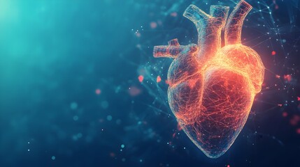 Poster - Detailed 3D digital model of a human heart used in medical simulations and training  This anatomically accurate digital twin of the cardiovascular system provides copy space for medical information