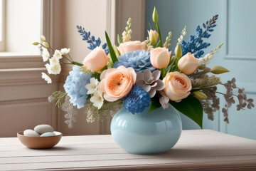 Light beautiful floral arrangement, vintage bouquet of ocean blue, silver gray, pebble gray, pale sand, pastel brown colors.