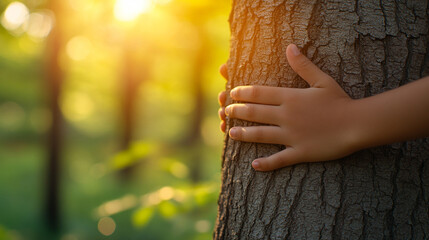 Poster - Woman's hands gently embrace a tree trunk in a lush forest, symbolizing a deep connection with nature, environmental awareness, and the nurturing bond between humans and the Earth