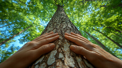 Poster - Woman's hands gently embrace a tree trunk in a lush forest, symbolizing a deep connection with nature, environmental awareness, and the nurturing bond between humans and the Earth