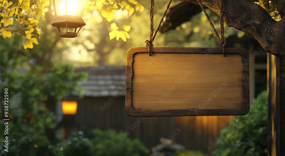 Blank Wooden Sign Hanging on Tree in Sunny Garden Stock Photo | Adobe Stock