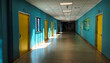 © anjana - An Empty School Hallway Lined with Student Lockers, Quiet and Serene, Awaiting the Return of Students in a Brightly Lit School Building