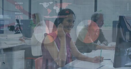 Poster - Business data analytics animation over diverse customer service team in office