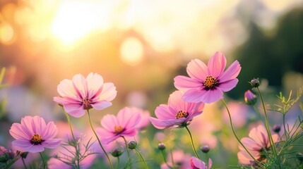 Pink cosmos flowers swaying in the breeze, delicate blooms and vibrant summer landscape, peaceful and colorful nature