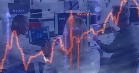 Poster - Financial data and stock market animation over business people discussing in office