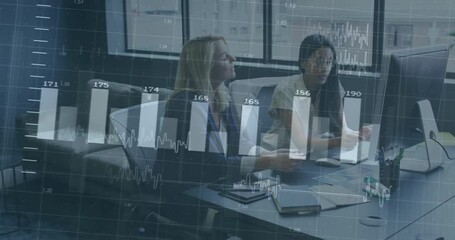 Poster - Financial data charts animation over business people working in modern office