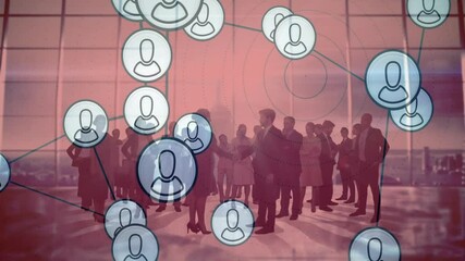 Poster - Animating networking icons over diverse business people working in office