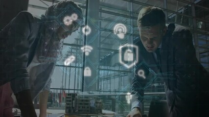 Poster - Working with digital security icons animation, business professionals in office setting