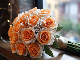 Wall Mural - Box with white and orange bouquet stands on florist's working ta.