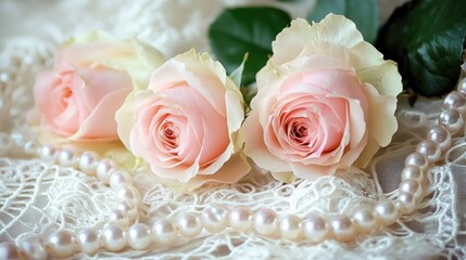 Pink roses and pearls on a lace background, romantic and elegant decor, vintage and timeless feminine style