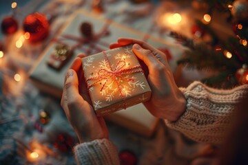 Hands holding a wrapped Christmas gift with a glowing ribbon, surrounded by festive decorations and warm holiday lights. ai