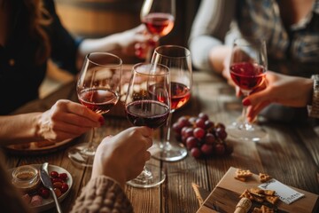 Friends holding glasses of red wine at a wooden table, enjoying a cozy wine tasting in a rustic setting. ai