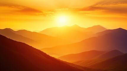 Sunset over a mountain range with golden light bathing the peaks, warm summer evening, and peaceful natural beauty, serene landscape view