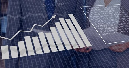 Poster - Rising bar chart and binary code animation over business person in background