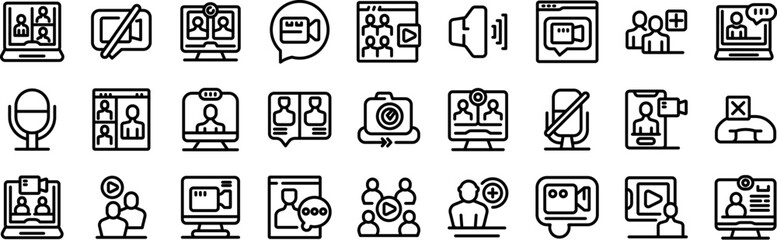 Wall Mural - Videocall icons set. Line icons representing video conferencing, online meetings, and webinars, showcasing people connecting remotely