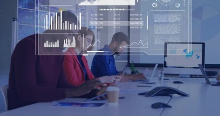 Poster - Global data analytics animation over diverse business people working in office
