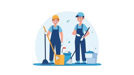 illustration of two smiling people wearing cleaning uniforms, holding mops and brooms with sponges in their hands