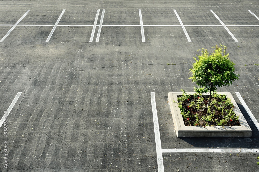 Empty parking lot with a single tree planter, symbolizing urban nature ...