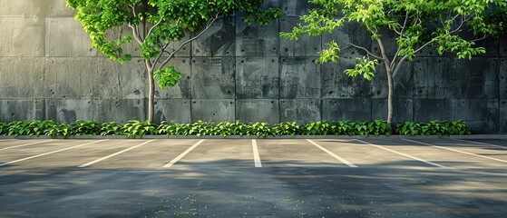 empty parking lot with green trees and concrete wall background, natural urban scene with sunlight a