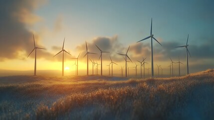Poster - real time digital twin visualization of a wind turbine farm with open sky clouds and ample copy spac