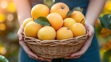 Poster - woman's hand gracefully holds a basket filled with an assortment of ripe, vibrant fruits. The fresh produce symbolizes abundance, vitality, and a connection to nature's bounty