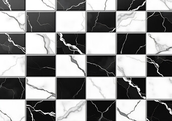 Seamless black and white checker or chess board marble tile background texture. Kitchen or bathroom natural stone wall, floor or countertop. A high resolution tileable luxury pattern 3D,