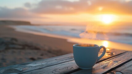 A white coffee cup rests on a wooden table overlooking a serene beach at sunrise, with waves gently crashing on the shore.