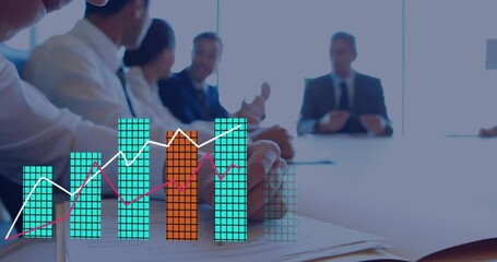 Poster - Business meeting with bar and line chart animation over people discussing in office