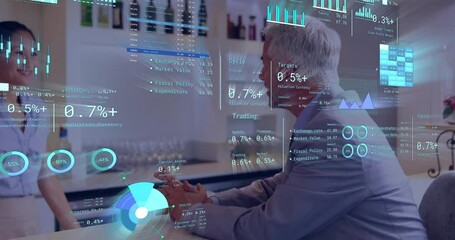 Poster - Financial data and trading animation over business people discussing in office